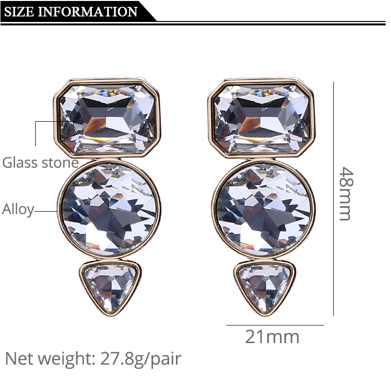 Trendy Big Geometric Transparent Glass Stone Clip On Earrings No Pierced for Women Boho Style Ear Clips with golden brincos