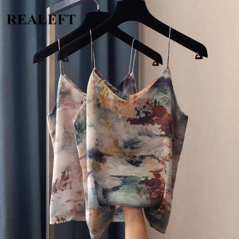 

REALEFT 2021 New Summer Women Camis Vintage Painting Printed Top For Women Tank Tops Boho Sexy Strapless V-Neck Tanks Top Female