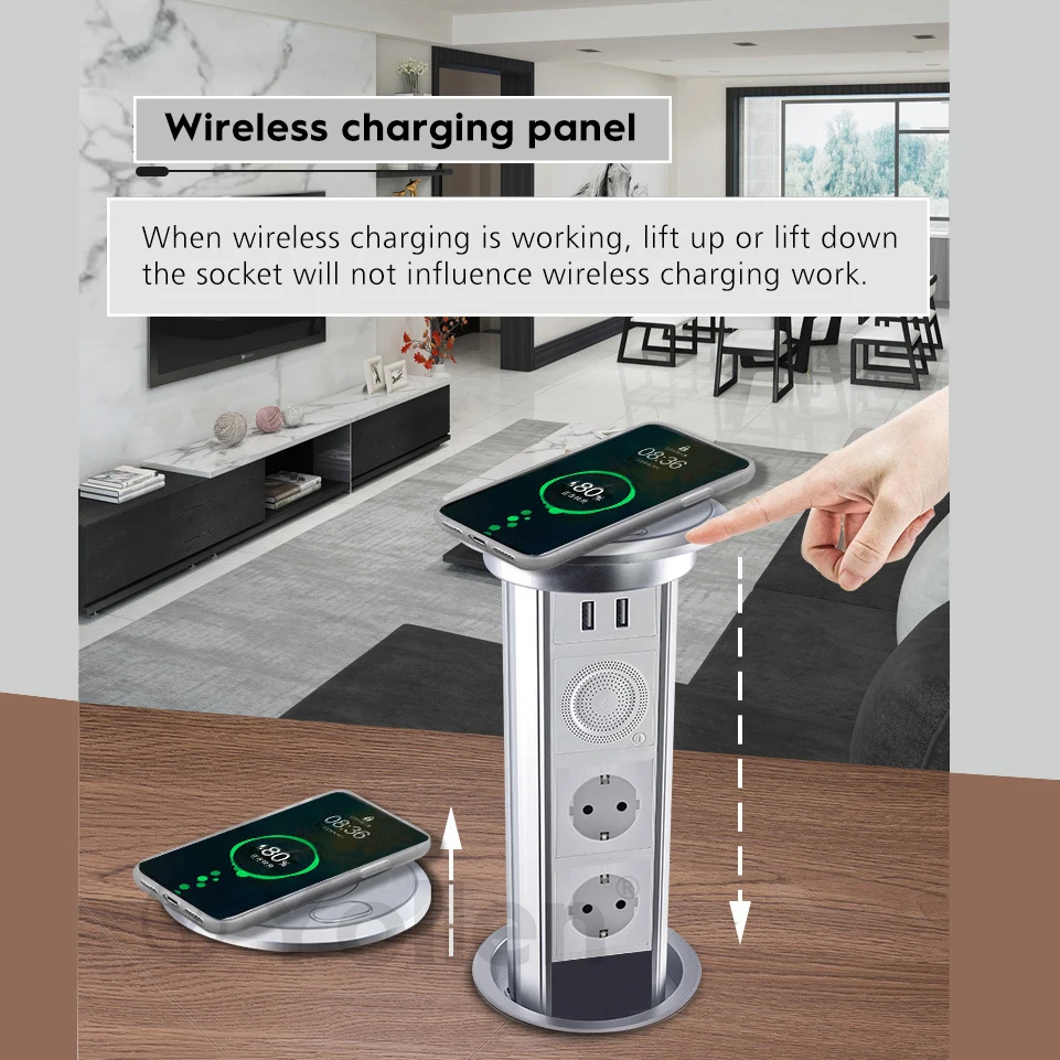 Ascenseur automatique de prise de table EUR, type électrique, prise en charge étanche, application Tuya, télécommande, audio Bluetooth, charge sans fil