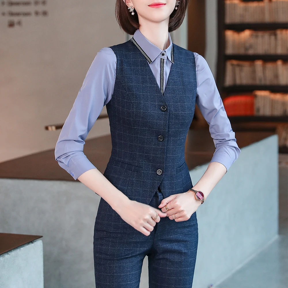 Women Slim S-4XL Pant Suit Sleeveless Gray Blue Plaid Vest Blazer and Trousers Two Pieces Set for Office Ladies Work Wear