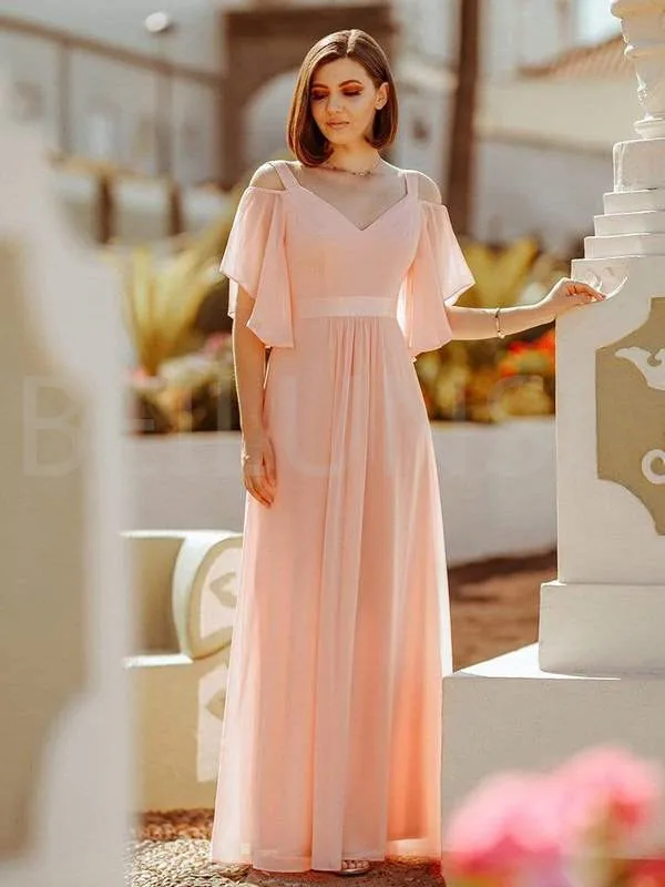 

Coral Cheap Bridesmaid Dresses Under 50 A-line V-Neck Shoulder Ruffles Floor Length Chiffon Long Wedding Party Dresses