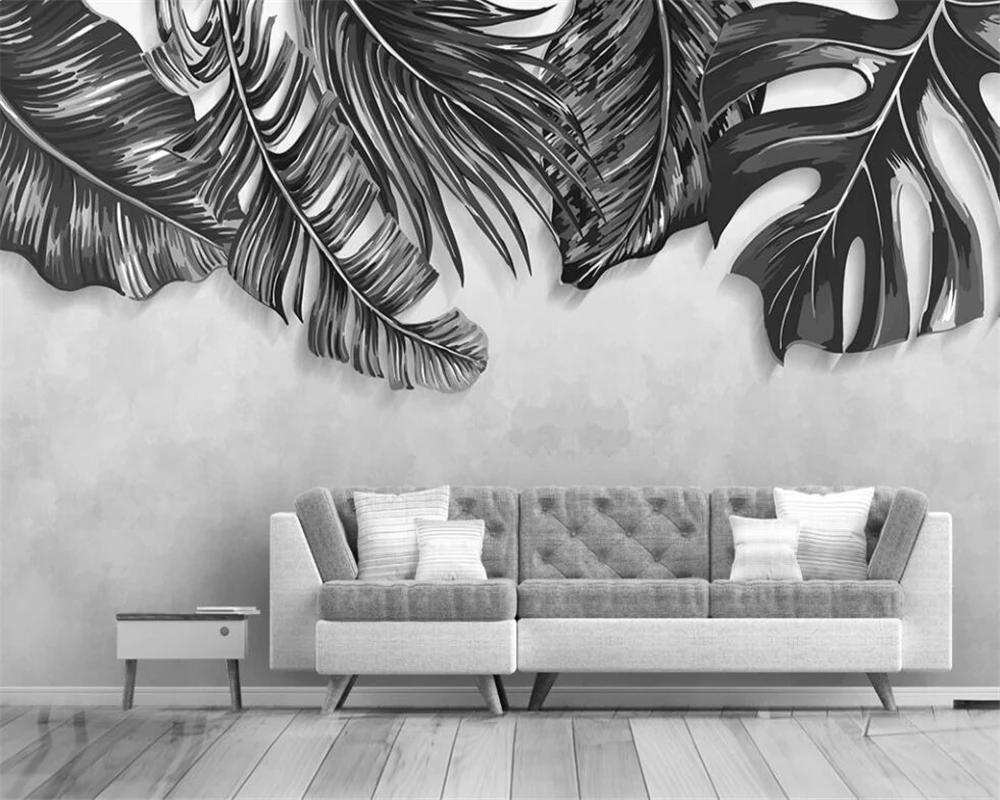 

wall papers home decor Hand painted small fresh tropical plant black and white leaf background wall mural 3d wallpaper