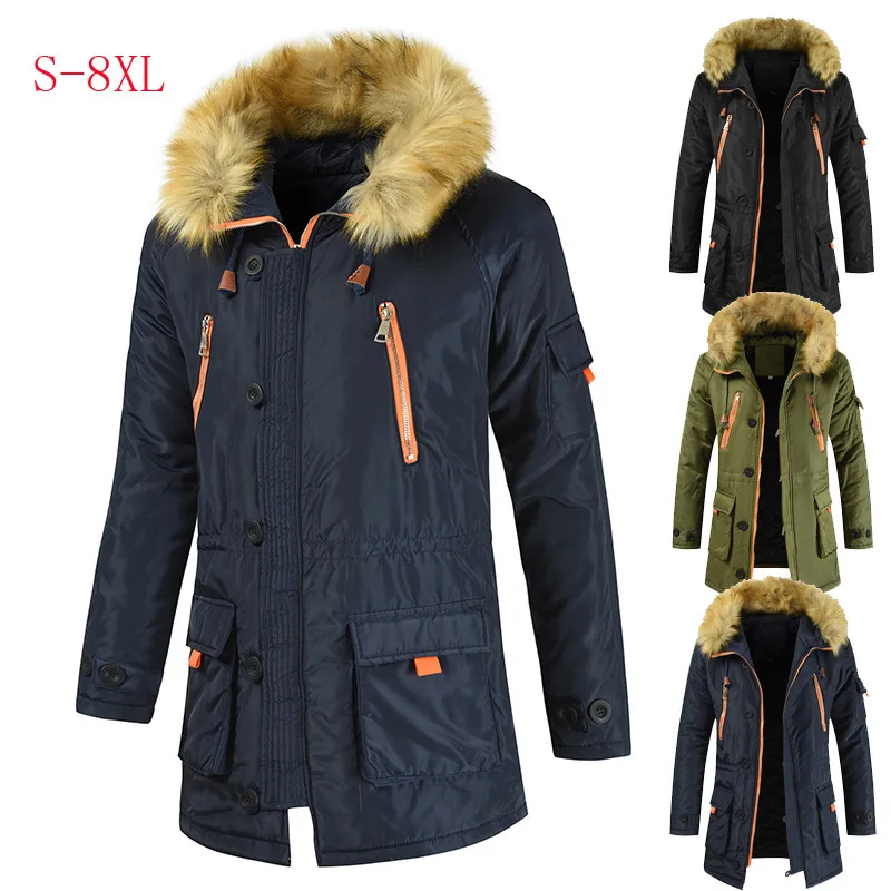 Winter Parkas Men Mid-Length Cotton Padded Warm Coat Casual Faux Fur Hooded Jacket Windbreaker Men Plus Size 8XL ropa de hombre