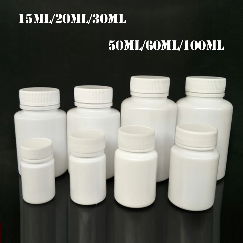 100PCS 15ml/20ml/30ml/60ml/100ml Plastic PE White Empty Seal Bottles Solid Powder Medicine Pill Vials Reagent Packing Containers