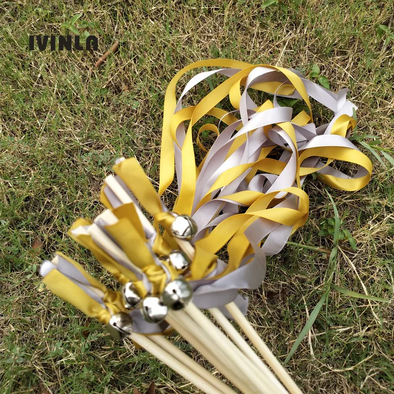 Hot Selling 50pcs/lot gold and grey wedding ribbon wands stick with sliver bell  for wedding decoration