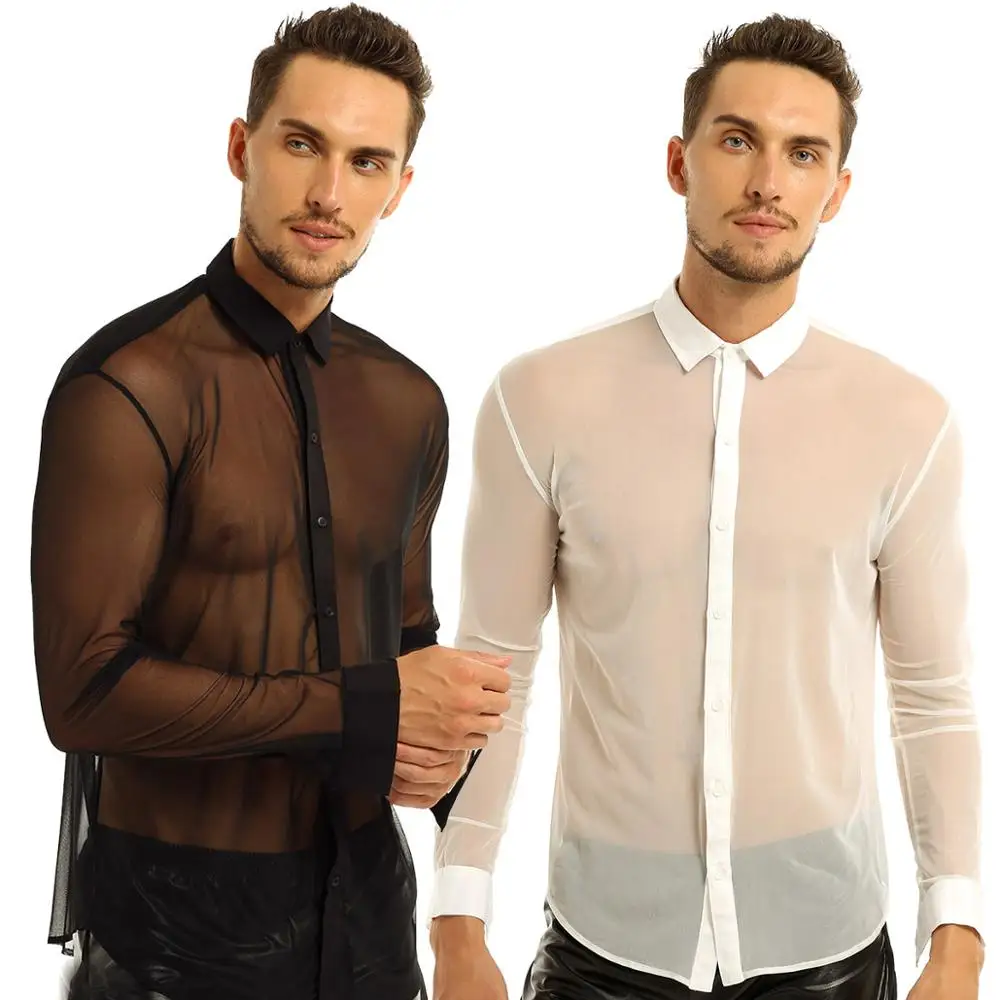 Transparent Mens Shirt Fashion See Through Mesh Long Sleeve Shirt Clubwear Soft Top Shirt for Party Prom Marriage Event Shirt