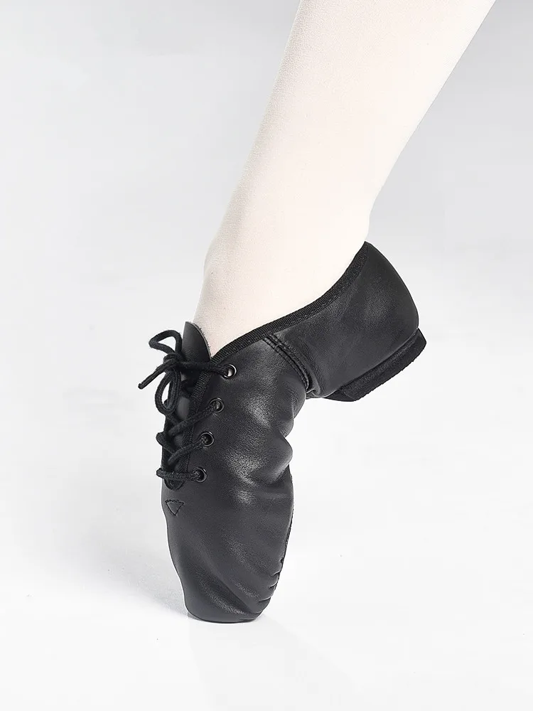 Zapatos de baile de Jazz Oxford con cordones de cuero de vaca genuino para mujer, suela dividida, corbata de bronceado negro, calzado de Ballet moderno y contemporáneo para niño y niña