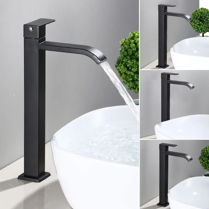 Bathroom Basin Faucets Stainless Steel Waterfall Tall Sink Vessel Tap Single Cold Water Tap Matt Black Single Handle Deck Mount