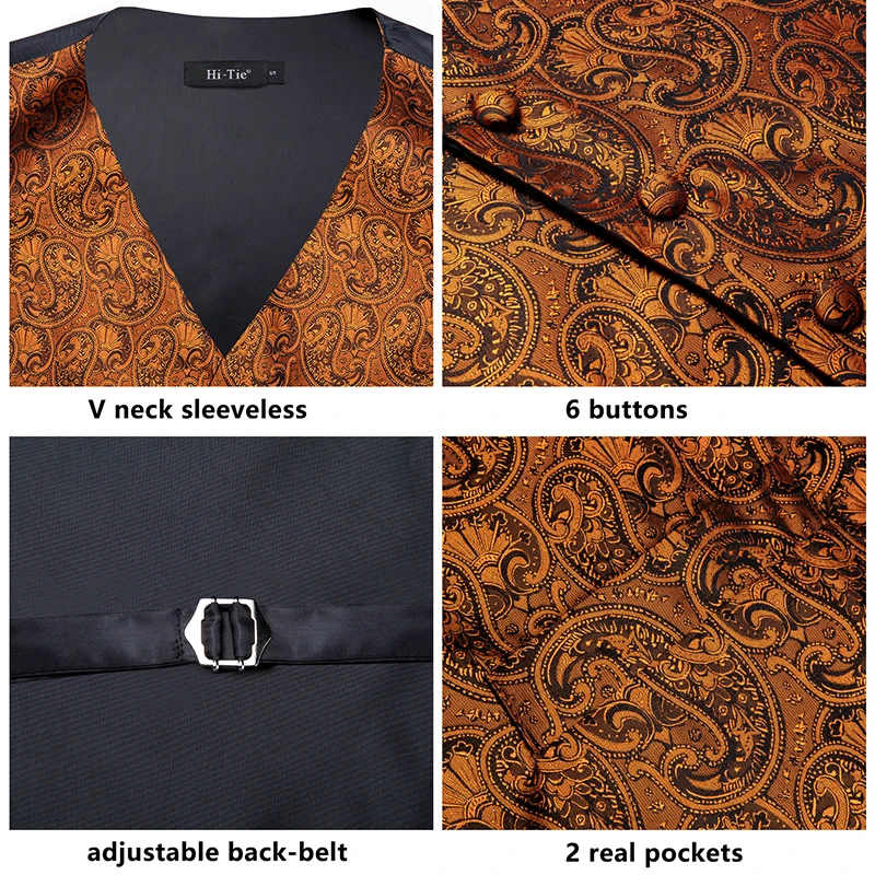 Hi-Tie 100% Silk Men\'s Waistcoat for Men Suit Vintage Fashion Formal Brown Paisley Dress Vests Men Wedding Party formal Dresses