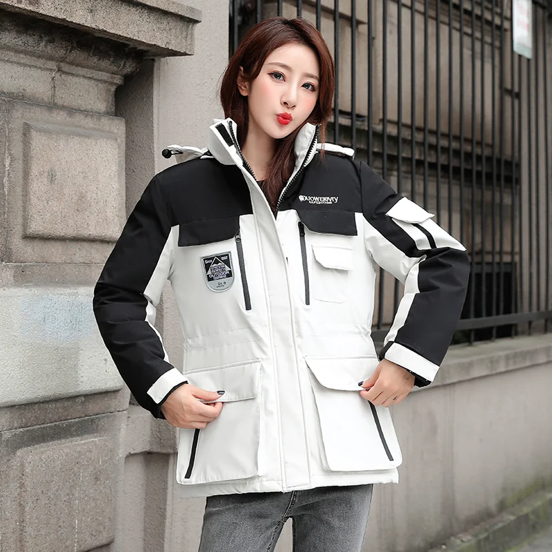 Women's Winter Jacket Patchwork Hooded Short Parkas Woman Plus Size Thick Stand Collar Safari Style Big Pockets Female Cold Coat