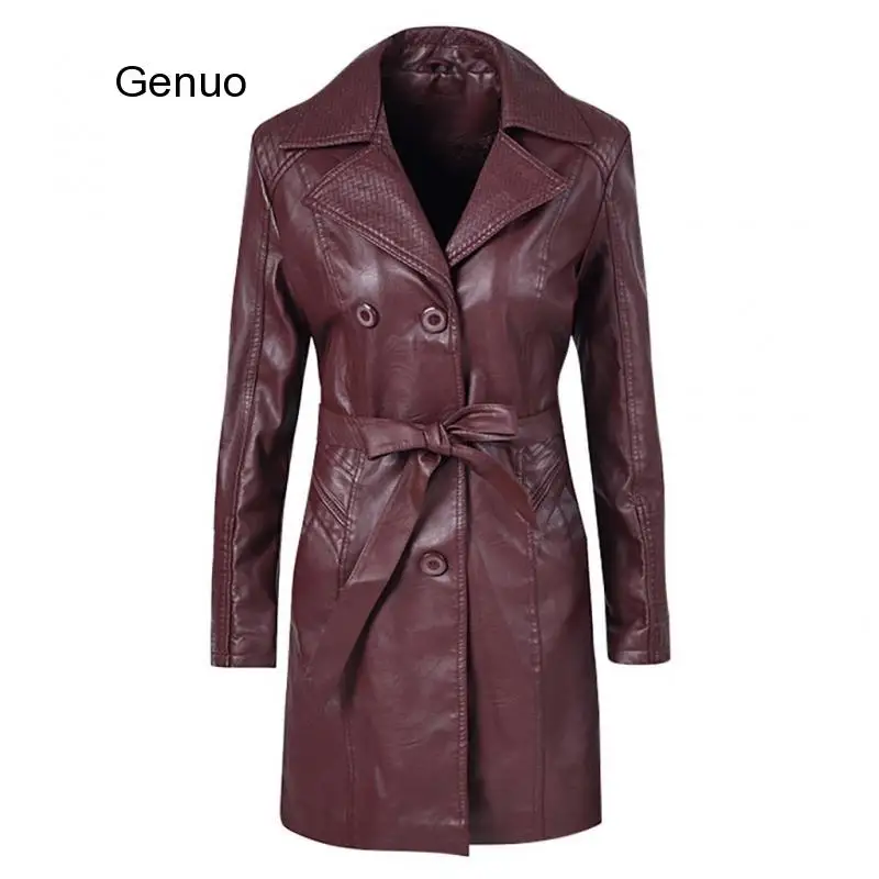 Women's Faux Leather Jacket Coat Female Casual Solid Lapel Zipper Long Sleeve Long Coat