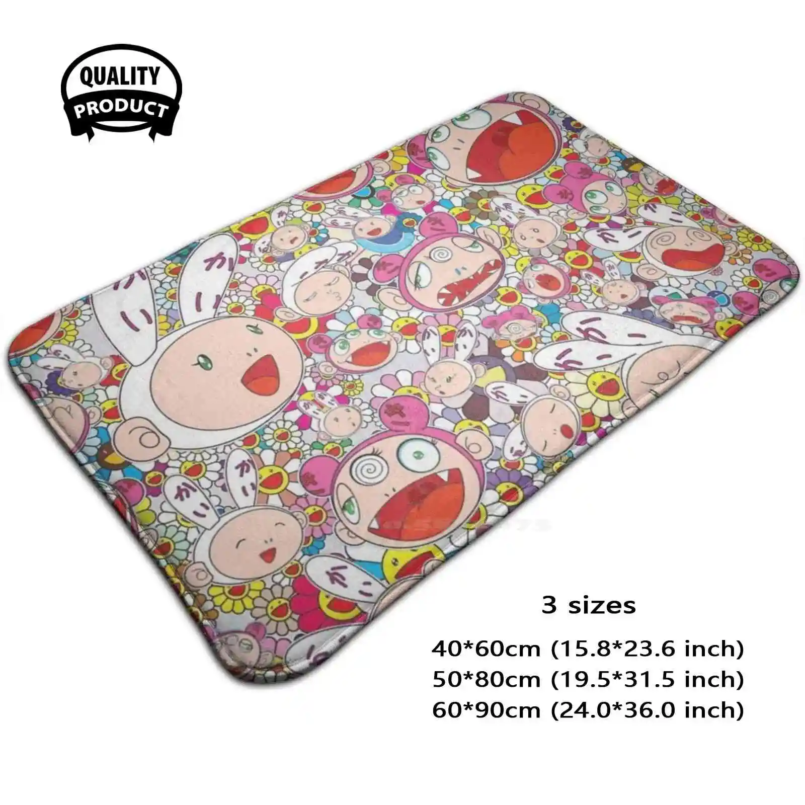 Kawaii Japanese Art , Psychadelic Flowers Soft Cushion Home Carpet Door Mat Car Rug Gay Pride Aids Doodle Colorful Minimal