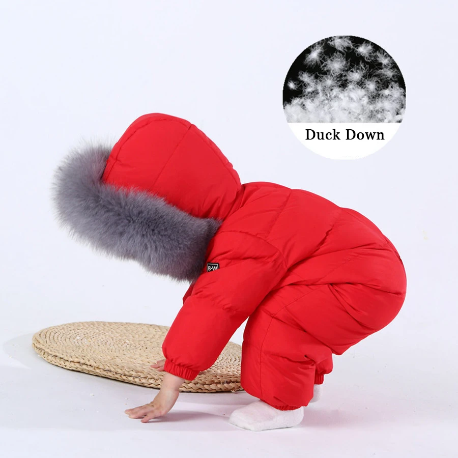 -30 Degree Infant Snowsuit Real Fur Collar Duck Down Filling Thick Warm Toddler Boys Girls Down Rompers Baby Winter Jackets