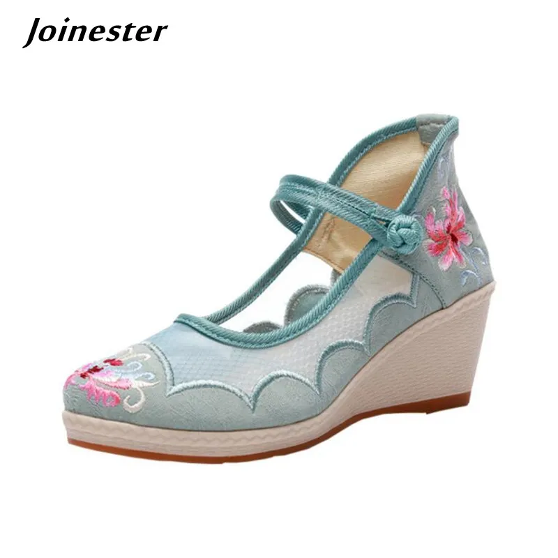 Air Mesh Wedge Pumps for Ladies 2021 Summer Women Shoes обувь для женщин летняя Ethnic Embroidered Ankle Strap Female Sandals