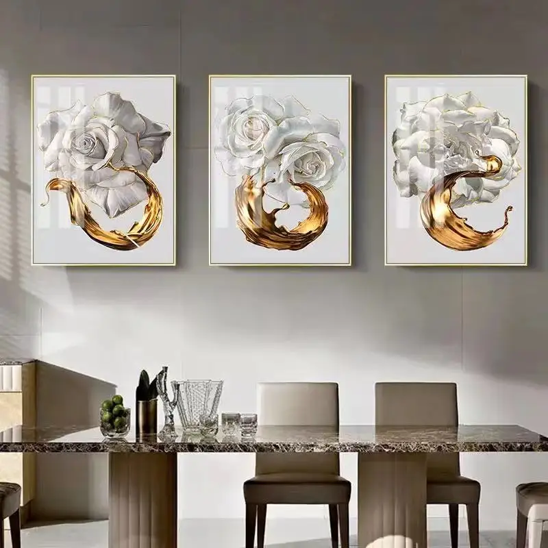 Fashionable Minimalist Art Hand-painted Light Luxury Rose Flower Gold Leaf Triptych Decorative Painting HD Painting Core