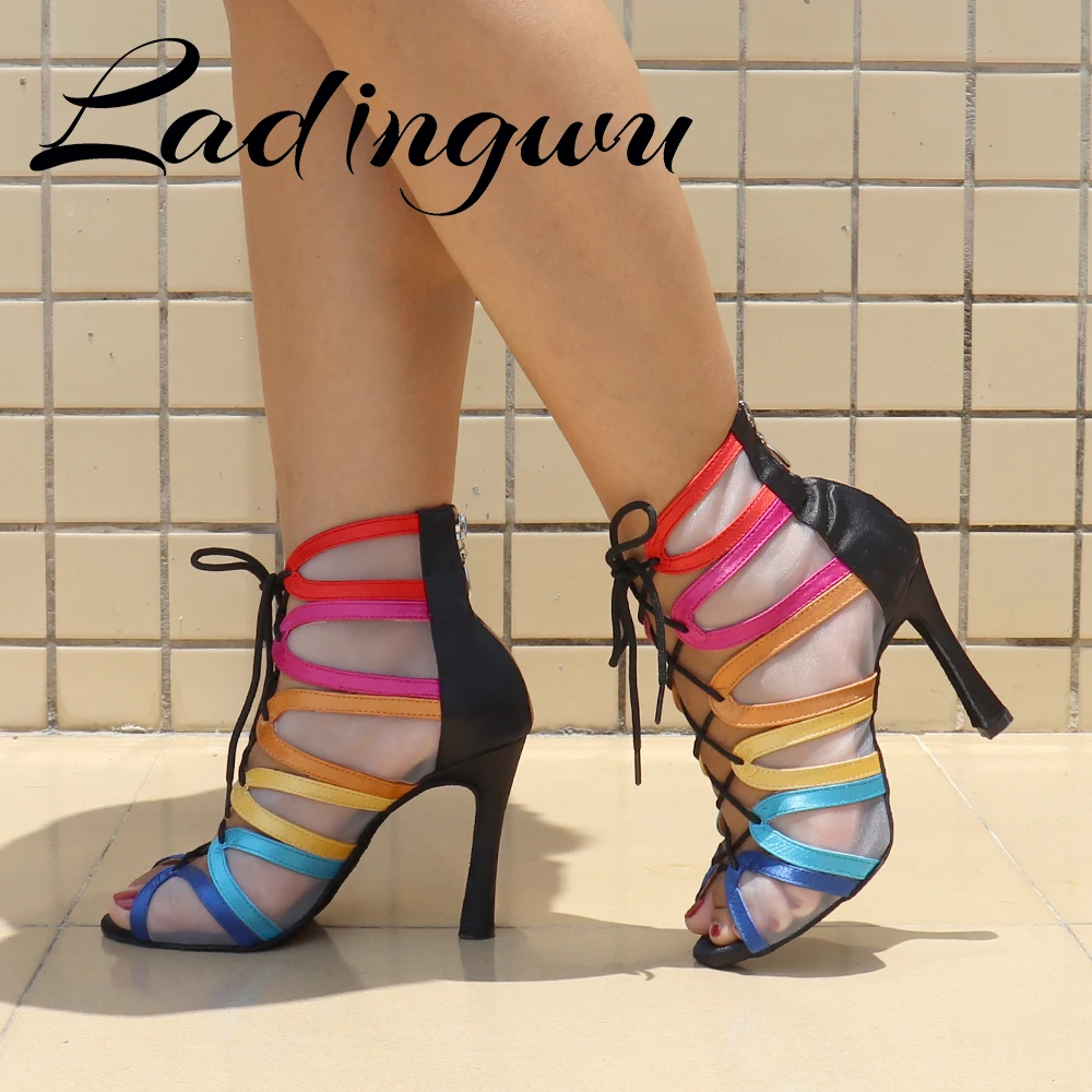 Ladingwu Dames Latin Ballroom Dans Schoenen Zwart Multicolor Satijn En Mesh Latino Dansen Schoenen Voor Kinderen Salsa Dansschoenen