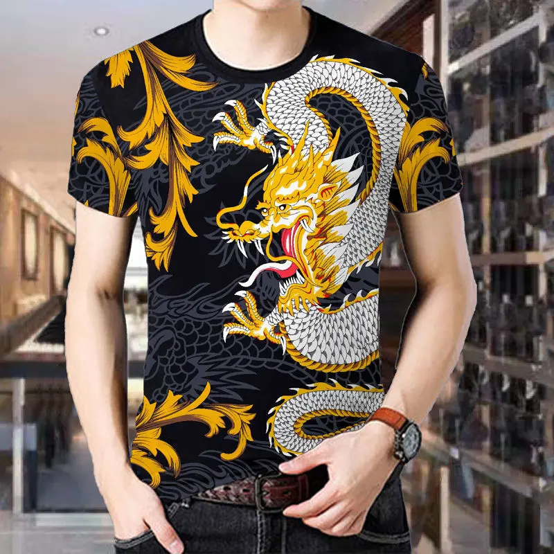 3D printed short-sleeved trendy T-shirt men's summer Chinese style Tenglong plus fertilizer to increase men's clothing any wild