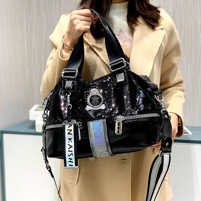 Female Iridescent Paillette Artificial Leather Handbag Women Design Tide Fashion Pockets Holographic Sparkle Shiny Messenger Bag