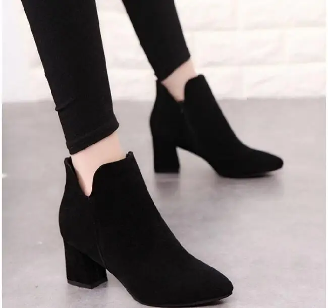 

Winter Fashion Women Boots Black Pointed Toe Elastic Ankle Boots Heels Shoes Autumn Winter Female Add velvet to keep warm Boots