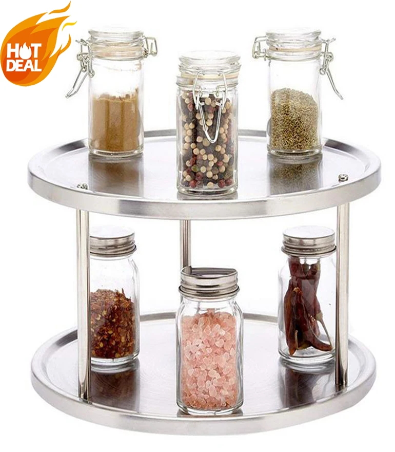 

Double Spice Rack Stainless Steel Storage Box Meal Plate Non-slip Falling Tray 360 Degree Turntable Rotatable 2 Dining Table Rac