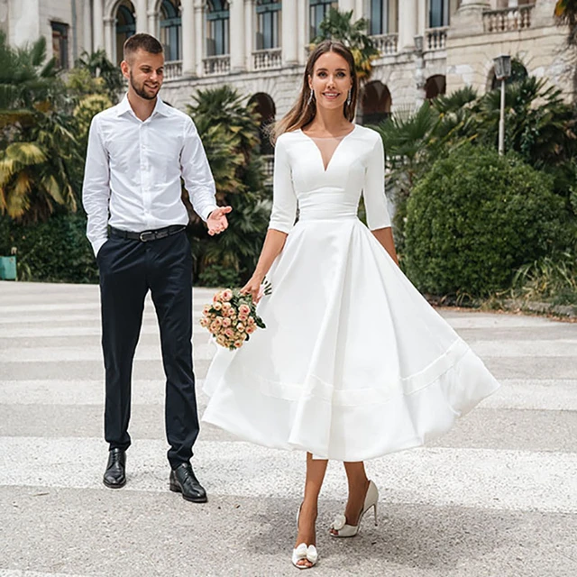 V Neck Satin Half Sleeves Minimalist Wedding Dress Customized Plus Size A Line Simple Tea Length Short Bridal Gown with Pockets AliExpress