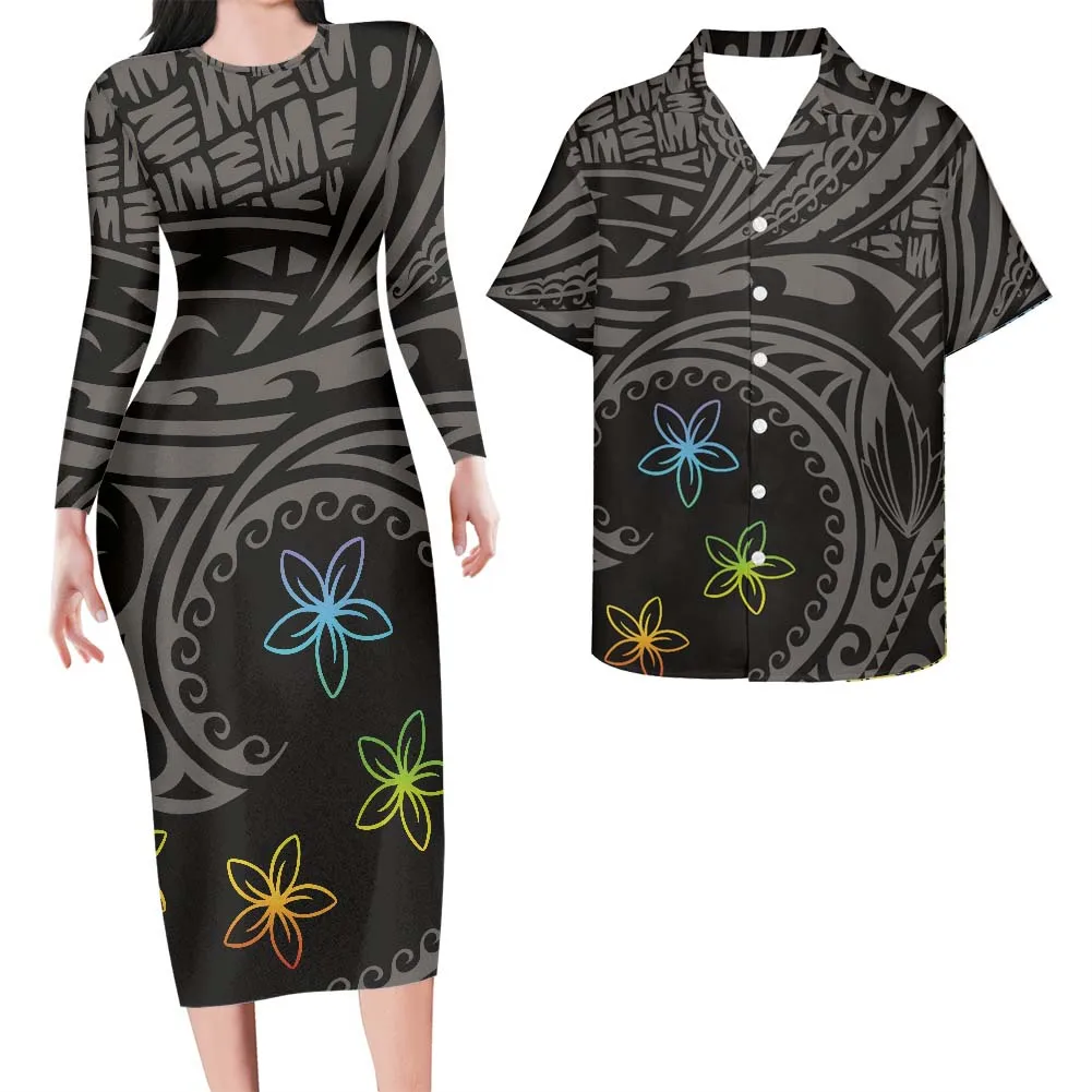 

Hycool 2022 New Club Dresses Samoan Tribal Hawaii Floral Printing Couple Clothes Set Matching Long Sleeve Sexy Dress Party Club