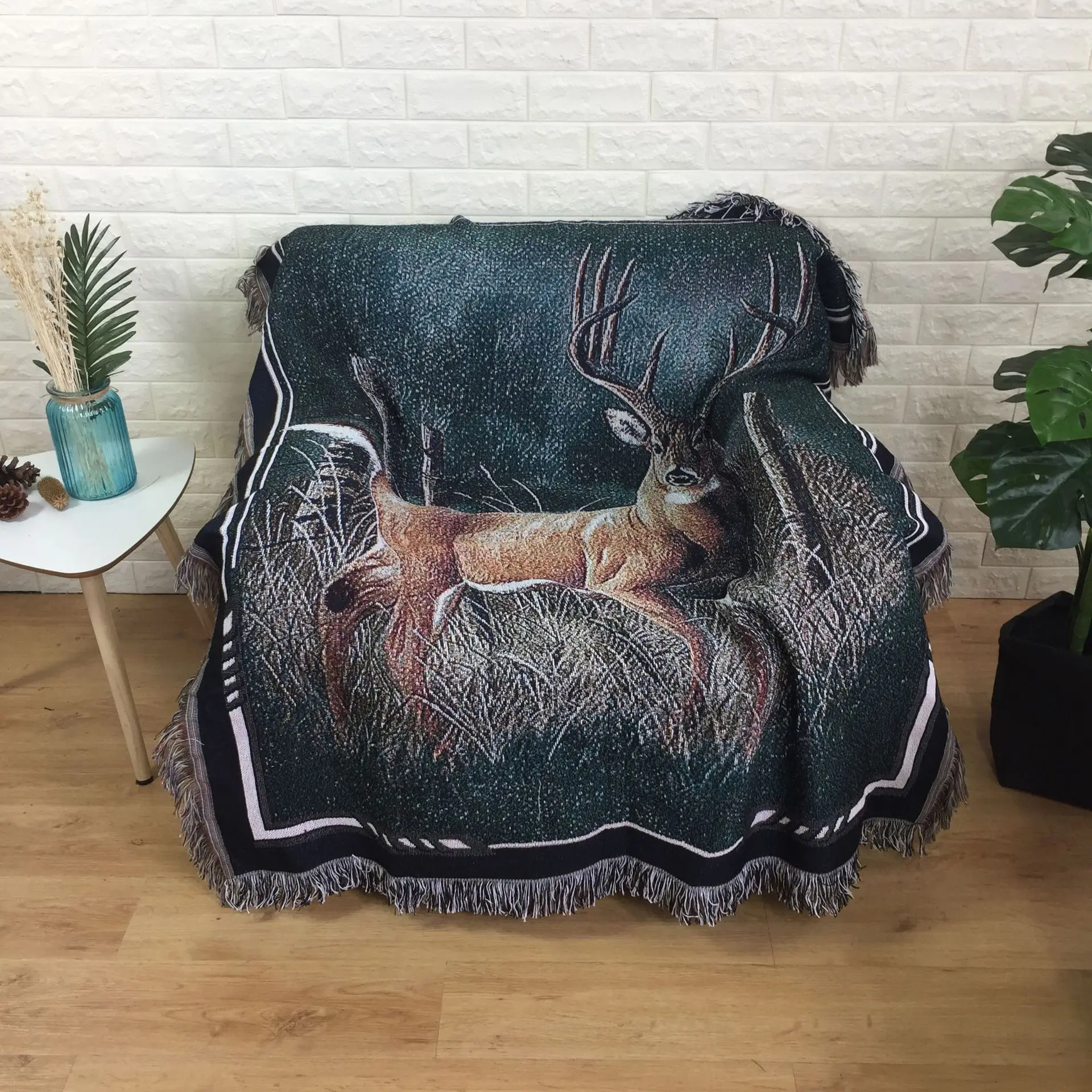 Deer Retro Pastoral Cotton Rug Decoration Tapestry Tassel Forest Sofa Blanket Home Covers Europe Leisure Outdoor Picnic Mat