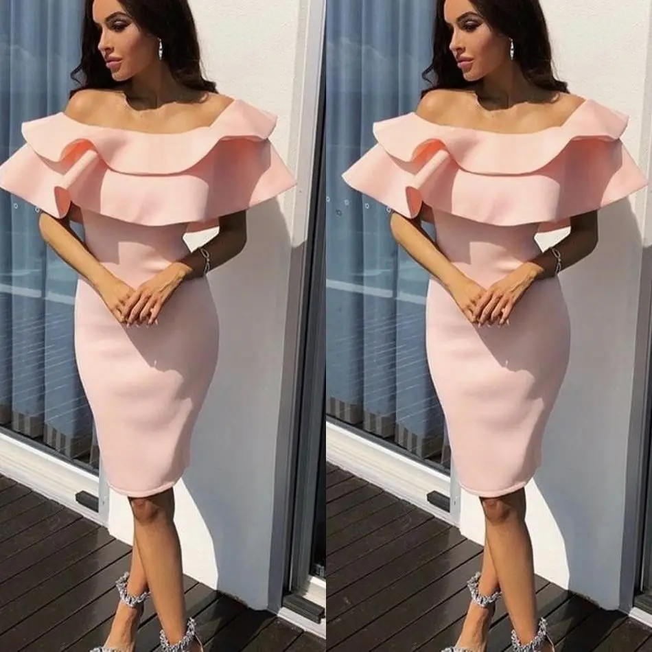 Blush Pink płaszcza sukienki na powrót do domu Off ramię Ruched Ruffles kolano długość sukienki koktajlowe krótka sukienka na studniówkę sukienki na przyjęcie