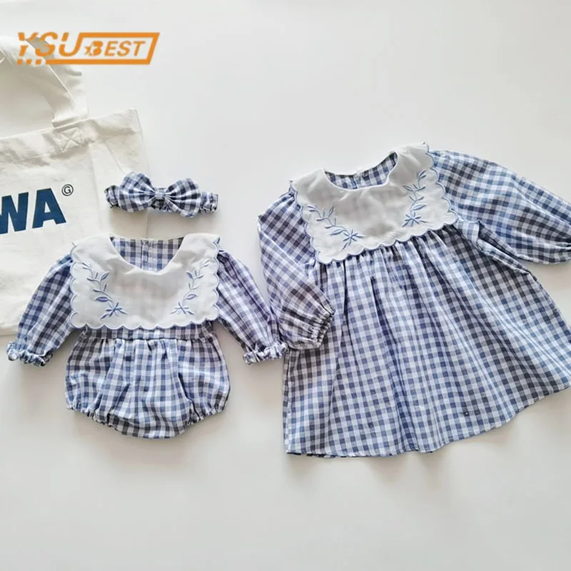 Spring Newborn Baby Girls Sister Embroidery Grid Dress Toddler Jumpsuit Baby Clothes Infant Girls Long Sleeve Children Dress