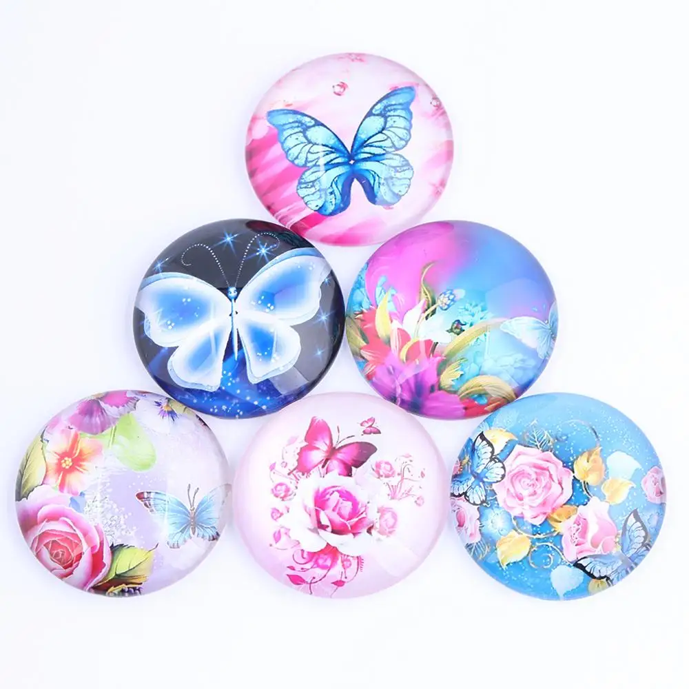 Reidgaller Mixed Color Butterfly Photo Glass Cabochon 12mm 20mm 25mm 30mm Diy Flatback Round Handmade Jewelry Accessories