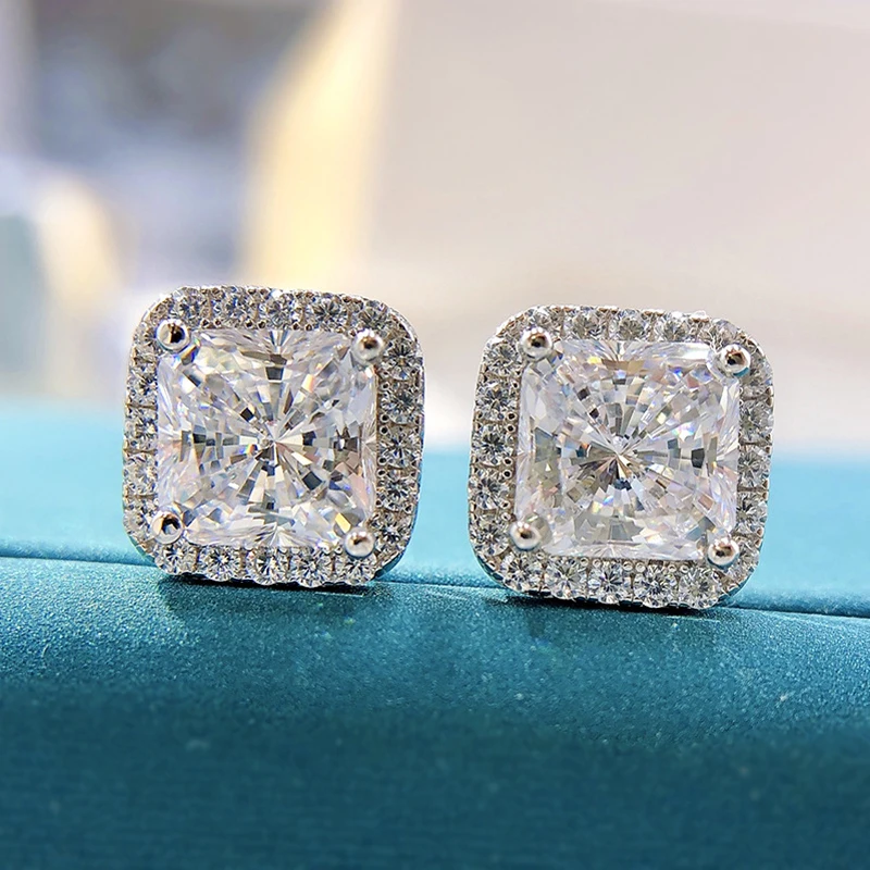 OEVAS 100% 925 Sterling Silver 7*7mm Pink Yellow High Carbon Diamond Stud Earrings For Women Sparkling Wedding Fine Jewelry Gift
