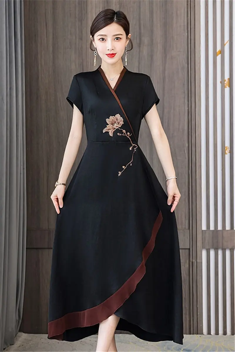 2021 Summer New Chinese Style Improved Embroidery Cheongsam Ethnic Mulberry Silk Dress Midi Female Irregular Vestidos zh1465