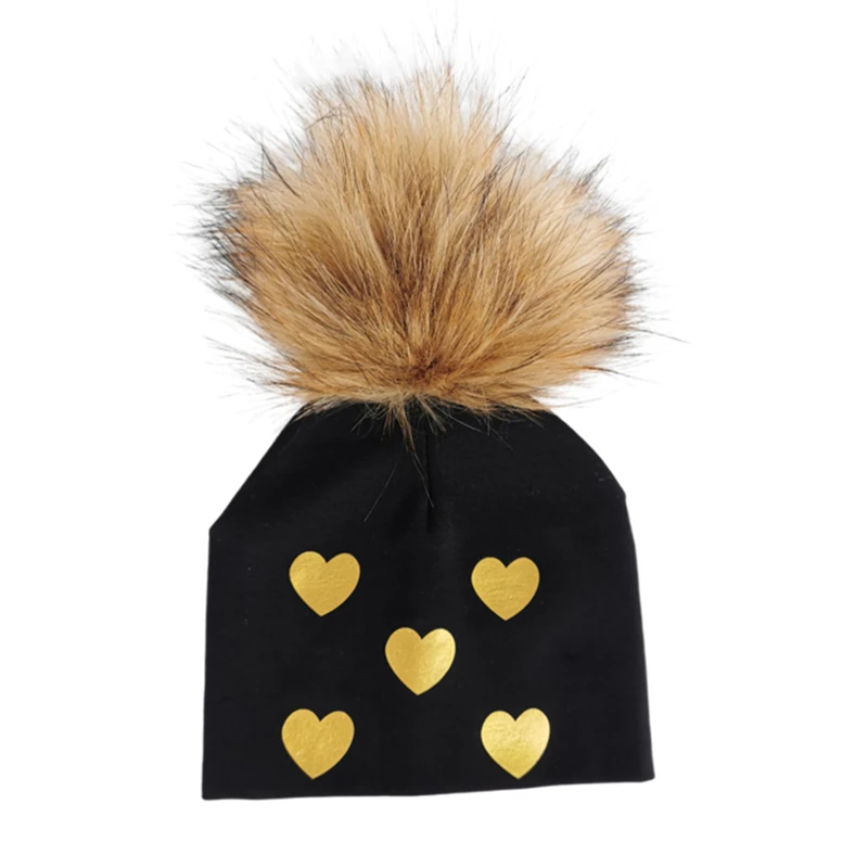 Brand Newborn Kids Baby Boys Girls Warm Winter golden sweet heart Cotton Beanie faux Fur Pom Pom Bobble Hat Cap Winter Warm Hat