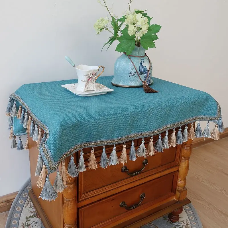 New Chinese Style Jacquard Table Cloth Tassels Pure Color Square Tablecloth Chenille Shoe Cabinet Bedside Cupboard Table Cover