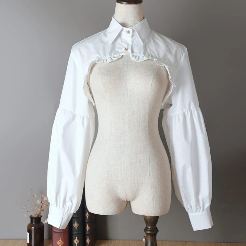 Women Puff Long Sleeve Half Top Blouse Ruffled Edge Golden Button Detachable False Fake Collar Winter Sweater Decorative