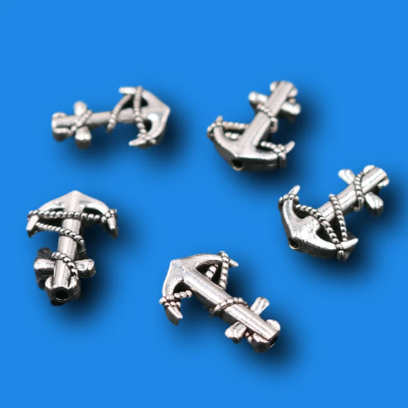 15pcs Silver Plated 3D Sailor Anchor Small Hole Bead Pendants Bracelet Necklace Accessories DIY Charms For Jewelry Crafts Making