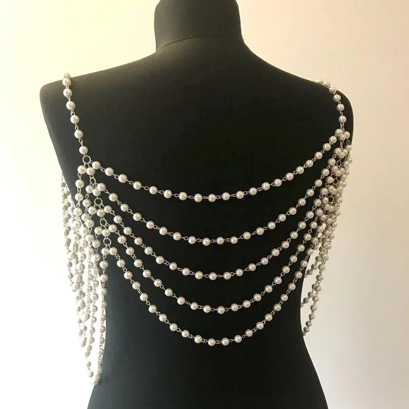 European and American Imitation Pearl Shoulder Chain Jewelry Luxury Hand-Beaded Body Chain Women's Wedding pearl Shawl Accessori