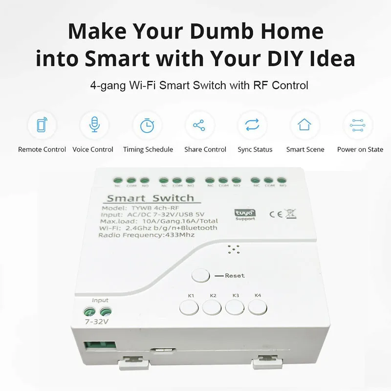 Tuya WiFi Wireless 4-Gang Smart Switch Module Inching Interlock Relay Controller, fai da te la tua casa, funziona con Alexa Google Home