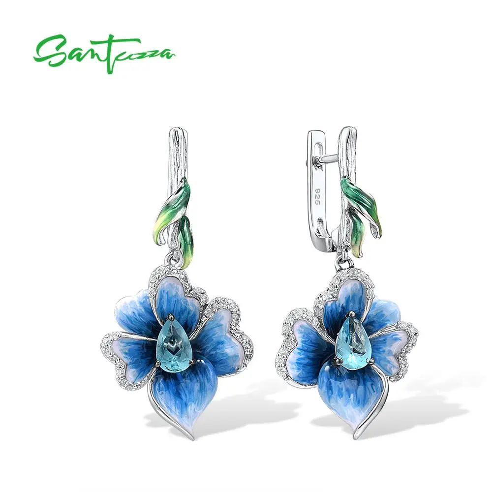 SANTUZZA Silver Drop Earrings For Women Genuine 925 Sterling Silver Elegant Blue Flowers Trendy Fine Jewelry Handmade Enamel