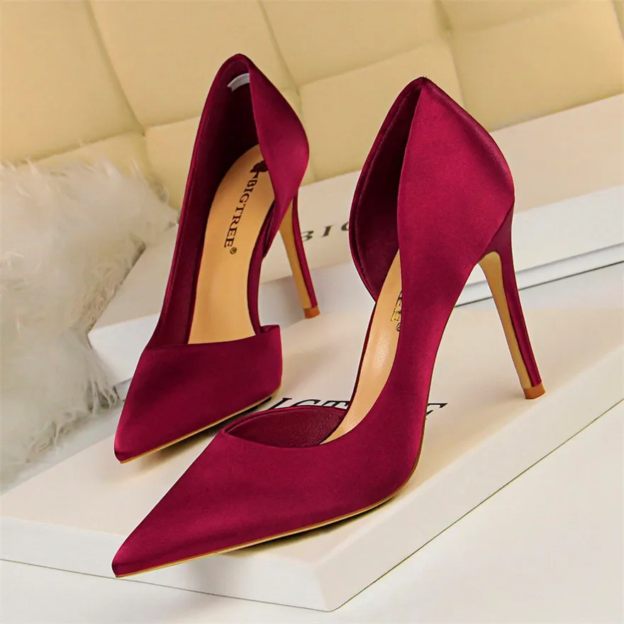 Concise Woman Shoes Autumn Sexy Side Hollow Silk High Heels Women Pumps Black Pink Red Shoes Ladies Office Party Shoe Pointy Toe