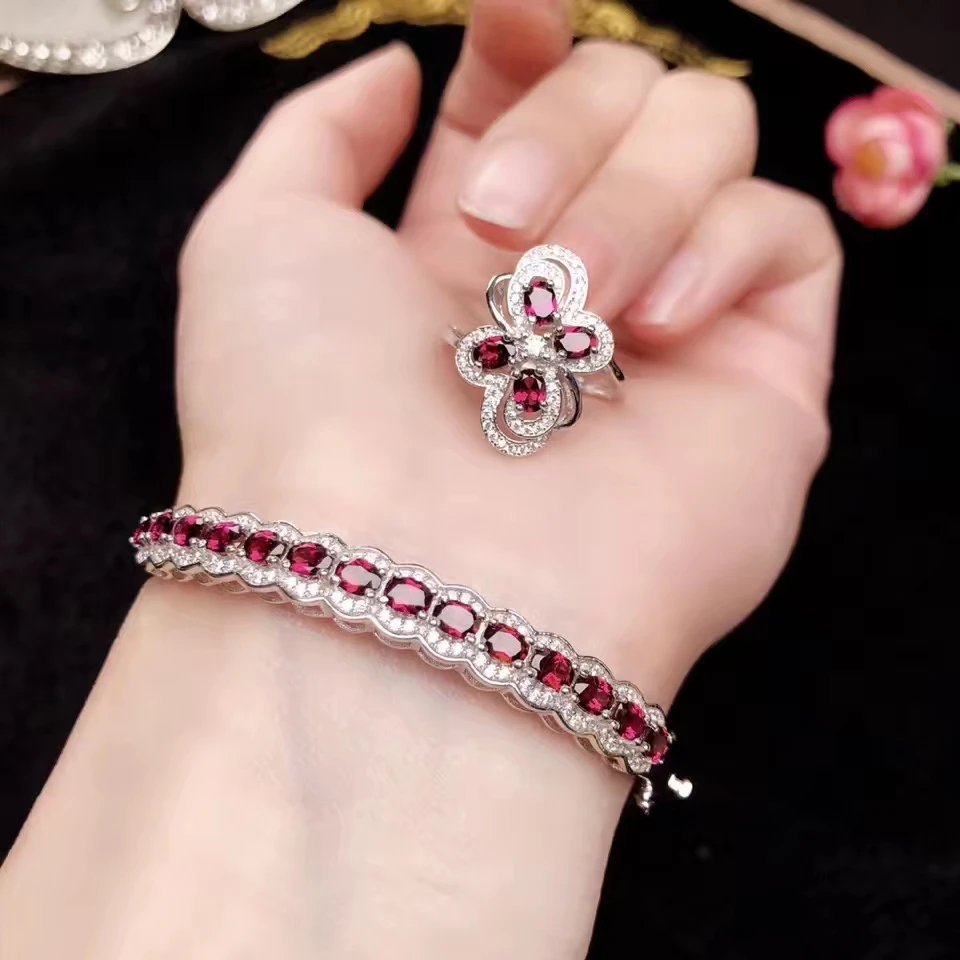 

charming red garnet gemstone ring and bracelet silver jewelry set wine red color natural gem girl gift birthday party present