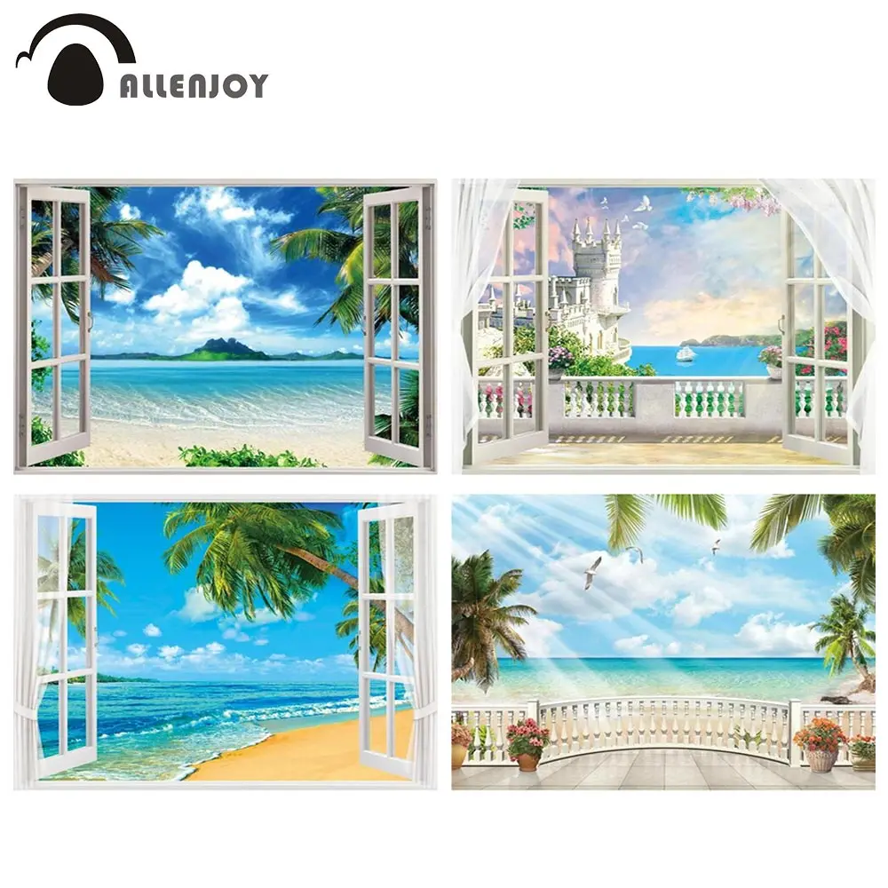 Allenjoy Summer Beach Backdrop Tropical Sea Window Seaside Tree Balcony Island Natural Photocall Background Party Banner Decor