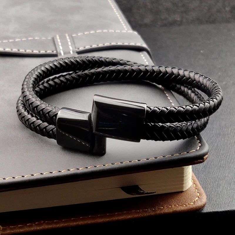 Punk Charm Customize Name black/brown/blue/coffee Braided Leather Bracelet For Men Engraved Stainless Steel For Women Jewelry