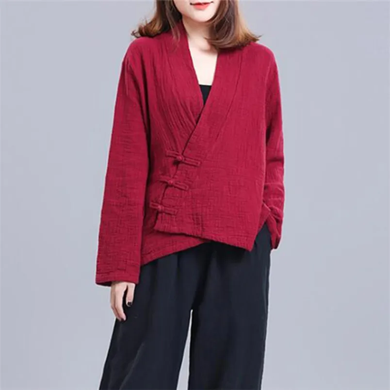 Mùa Xuân Năm 2022 Bất Đối Xứng Áo Sơ Mi Nữ Mùa Thu Vintage Áo Phông Cotton Áo Sơ Mi Linen Casual Cổ Chữ V Kết Lỏng Lẻo Áo