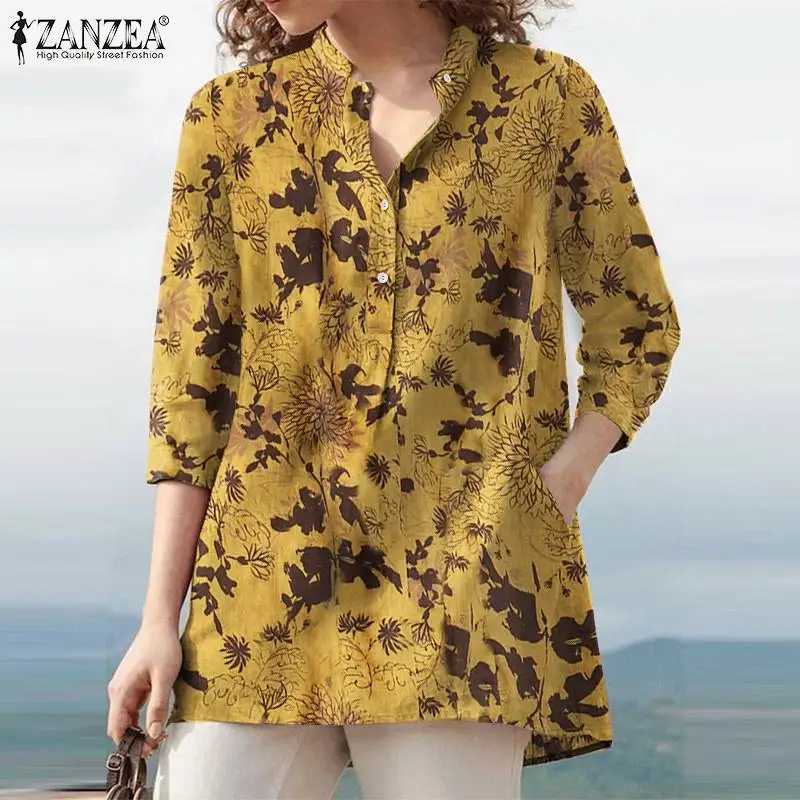 ZANZEA-Blusa con estampado Floral para mujer, camisa bohemia de manga 2023 para vacaciones, blusa informal para fiesta, 3/4