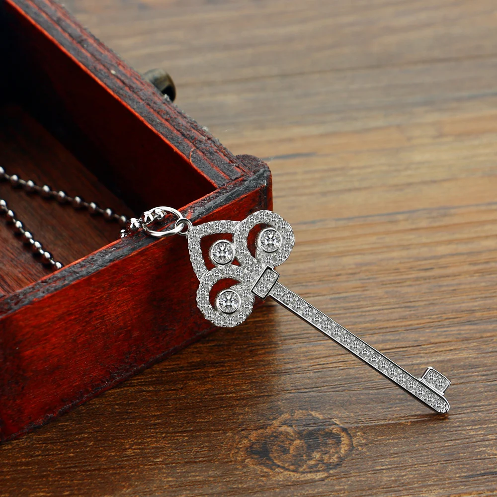 

Women's Shiny Zircon 925 Sterling Silver Long Beads Necklace Clavicle Chain Choker Key Pendant Jewelry for Girls