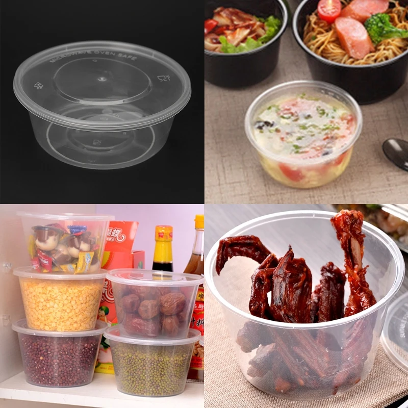 Disposable Plastic Lunch Bowl with Lids, Food Container, Storage Box, Lunch Box, Fruit Packaging Box, White, 10Pcs Set, 300ML