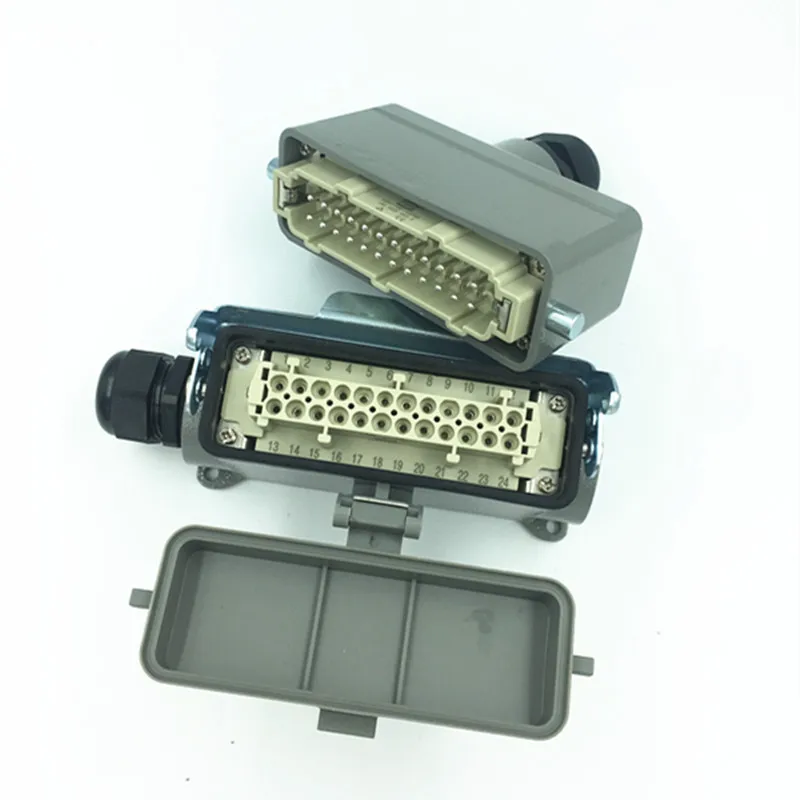 Heavy-Duty Connector 24-Pin รูปสี่เหลี่ยมผืนผ้าซ็อกเก็ตพื้นผิวกันน้ำปลั๊กพร้อมฝาครอบ HDC-HE-024-3DB