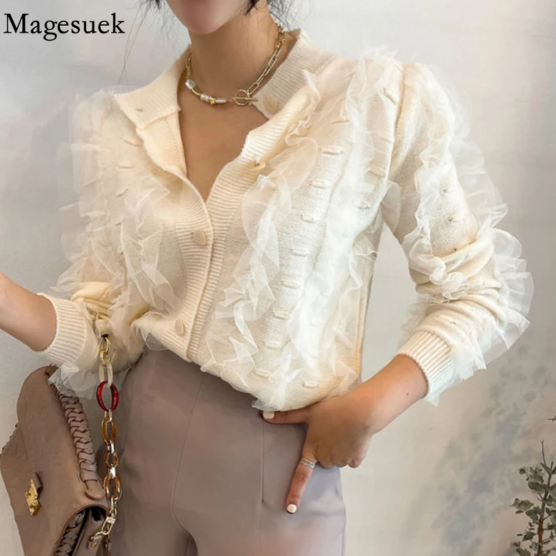 

Elegant Lace Stitching Women Sweater Autumn Winter Knitted Cardigan Sweater O Neck Solid Long Sleeve Retro Top Pull Femme 18020