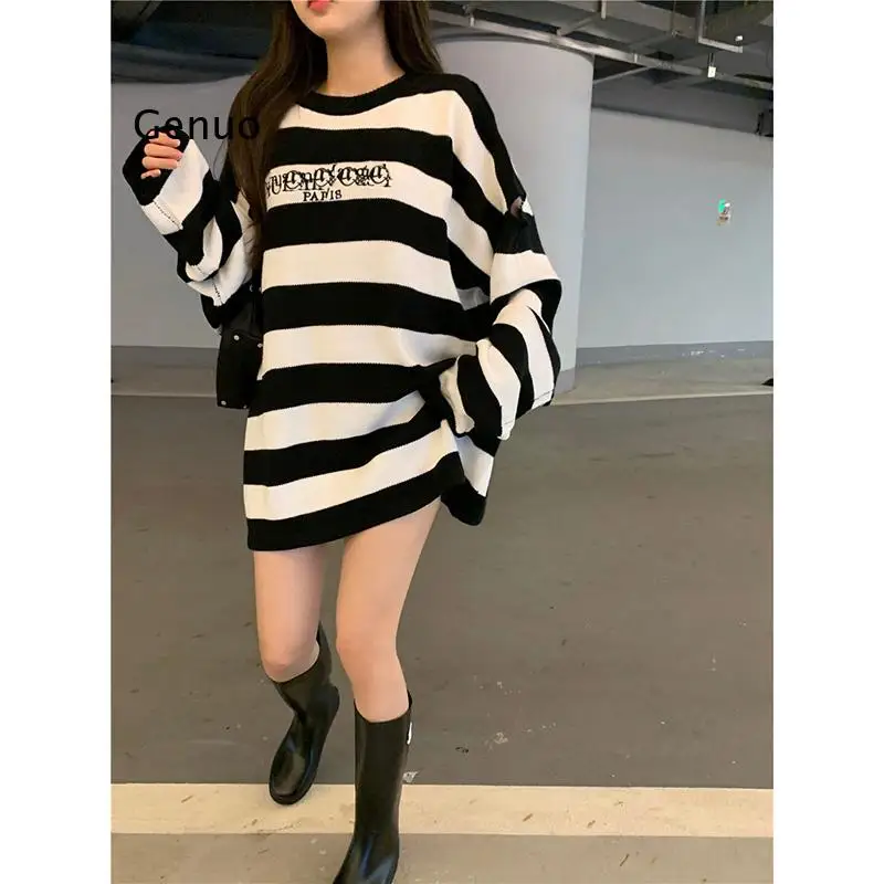 

Oversized Women Sweater Casual Loose Pullover Letter Embriodery Striped Knitted Sweaters Women Autumn Jumper Top Femme